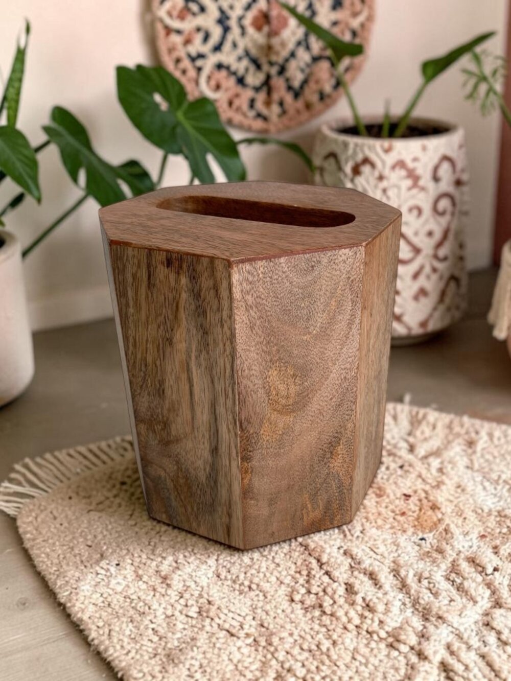 Hexagon Wood Tissue Box - Bohemian Cottagecore Bathroom Decor